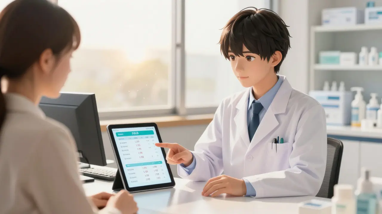 Stylish pharmacist helping a customer check prices on a tablet in a bright clinic setting.
