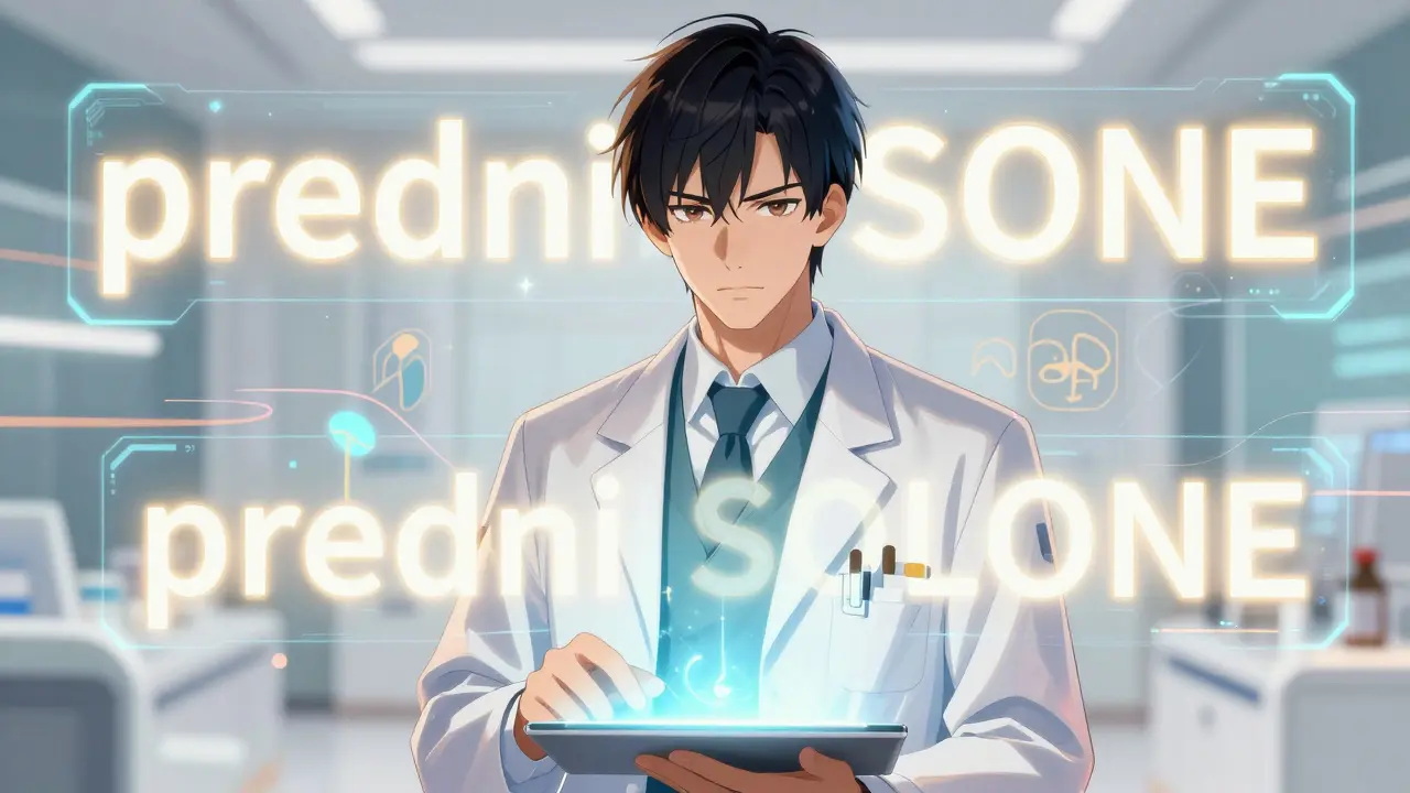 Stylized anime character viewing glowing drug names with highlighted capital letters on a tablet.
