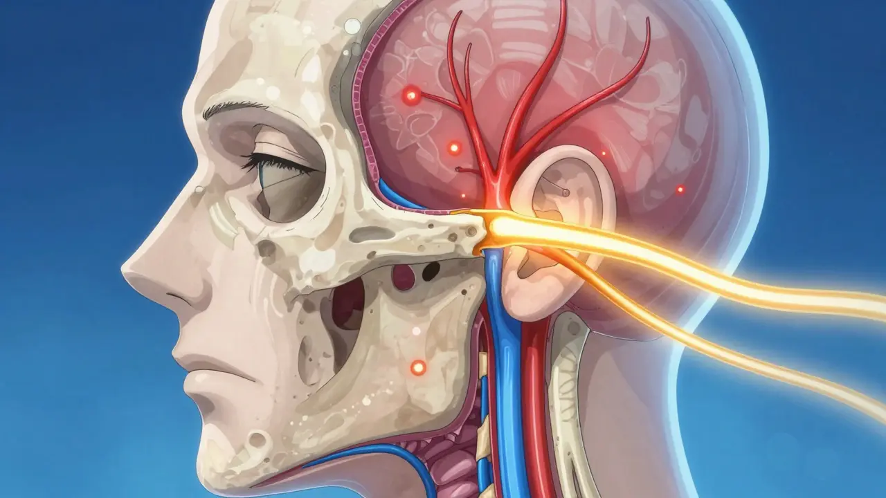 Stylized diagram of inflamed facial nerve and steroid relief