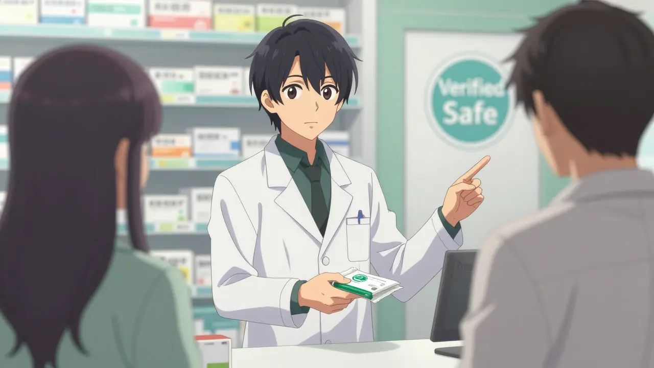 Trustworthy anime pharmacist handing medicine safely