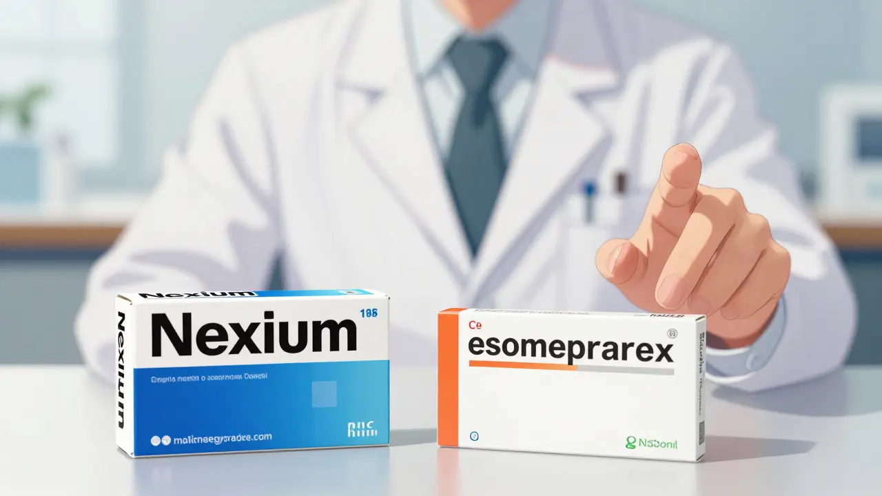 Anime comparison of brand name vs generic esomeprazole boxes