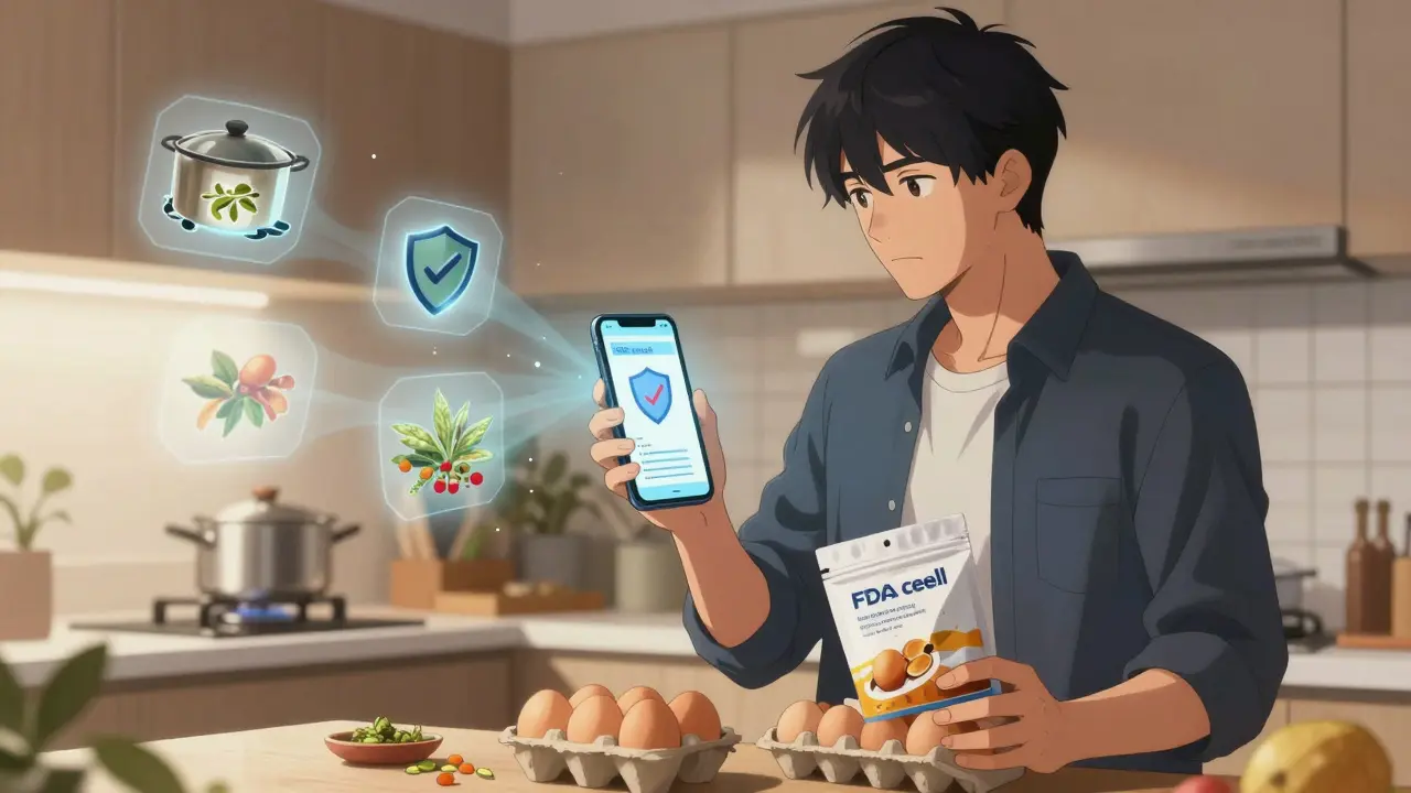 Anime consumer verifying food recalls on smartphone