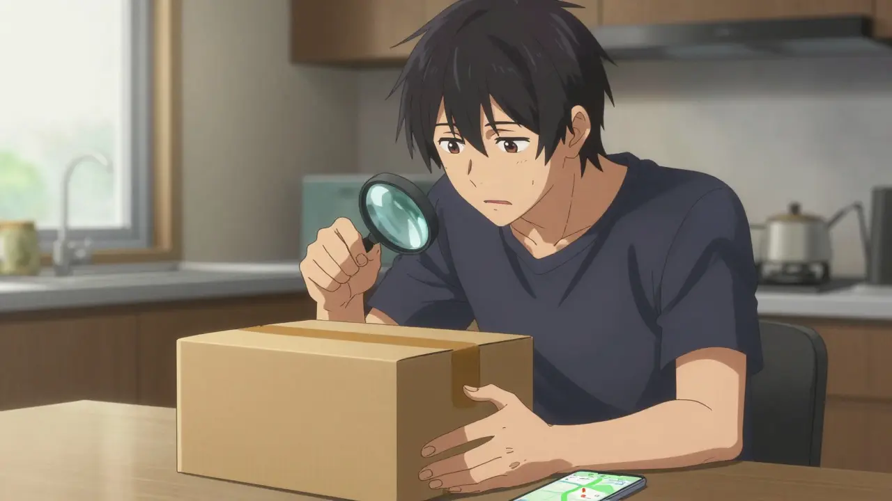 Anime man inspecting medication delivery package