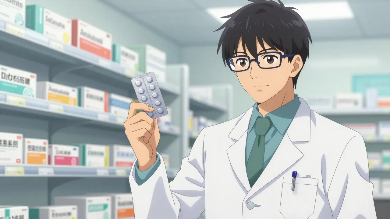 Anime pharmacist comparing brand and generic meds