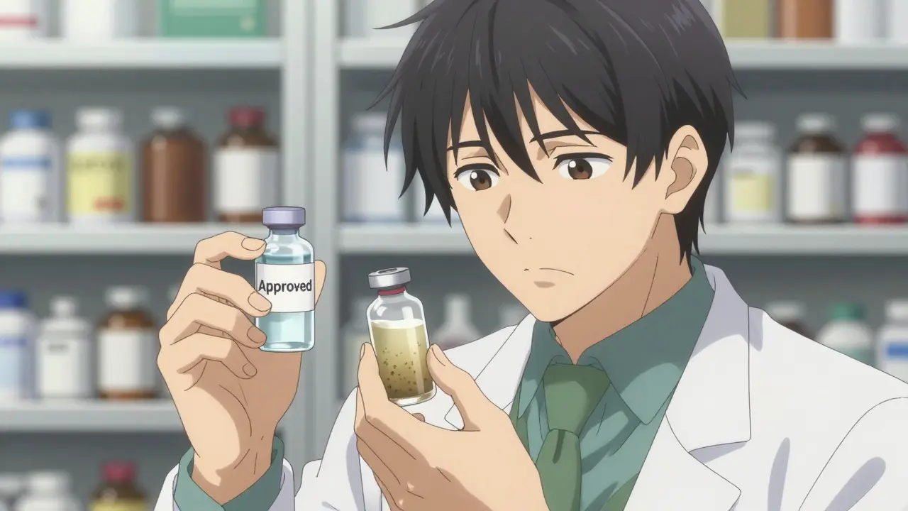 Anime pharmacist inspecting safe vs unsafe drug vials