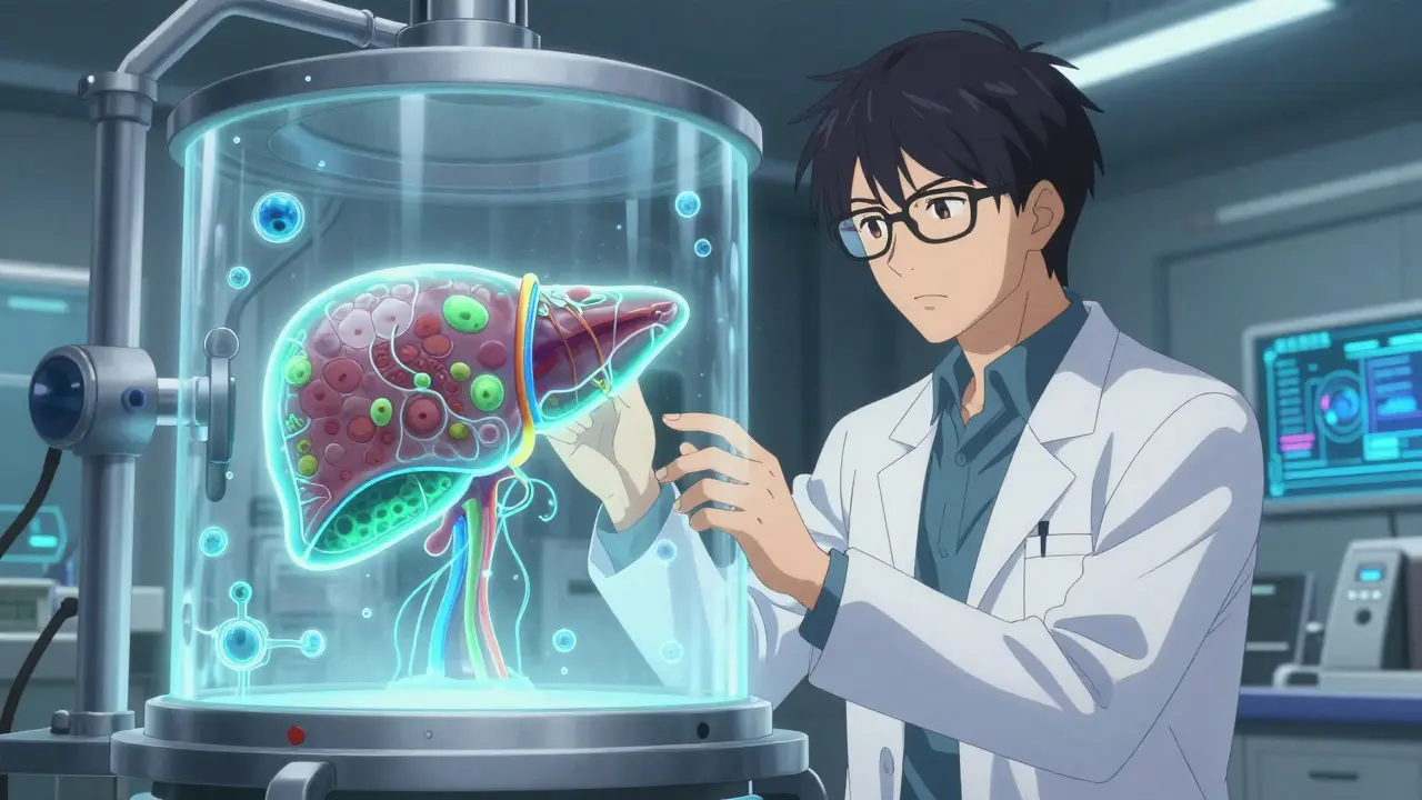 Anime researcher examining a futuristic bio-luminescent liver model in a lab.