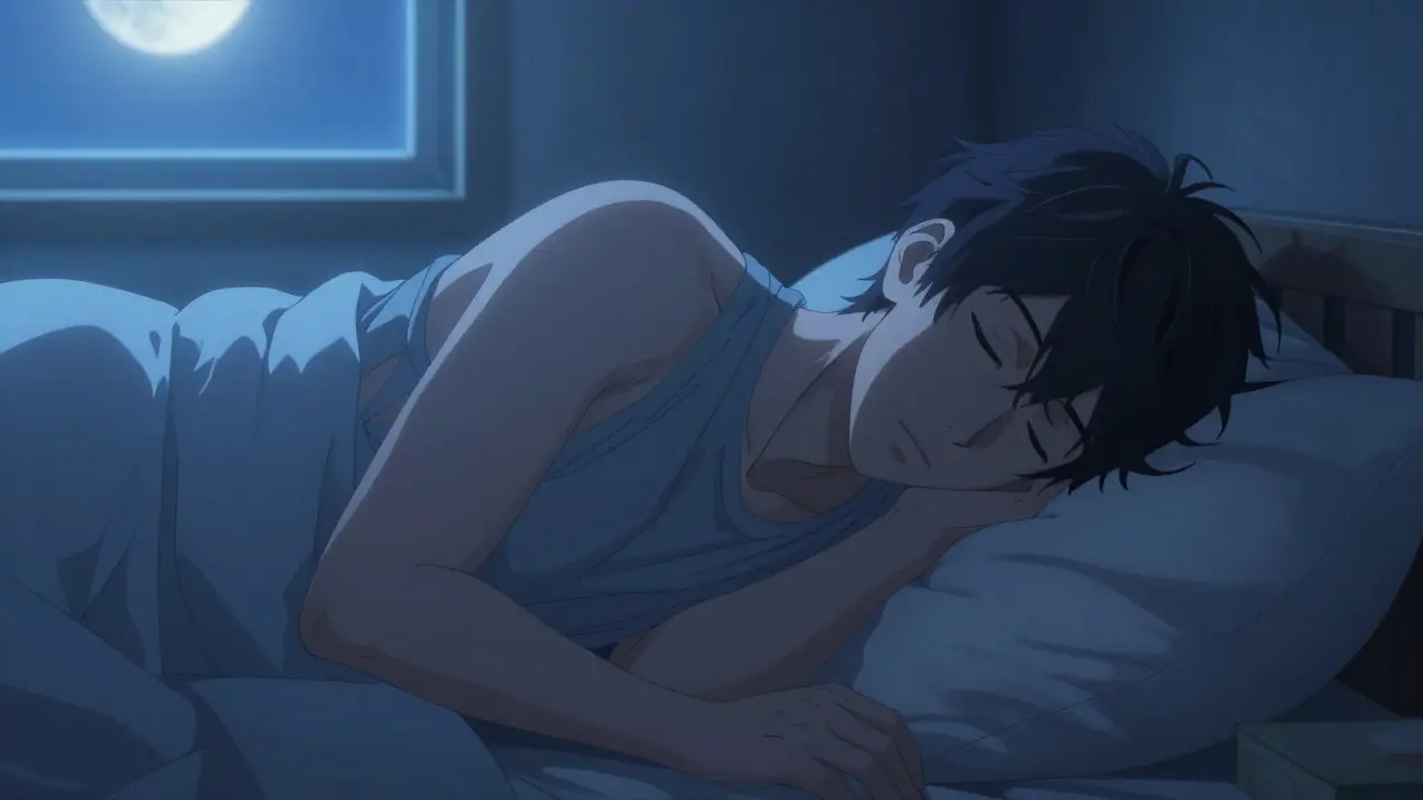 Bishounen character sleeping peacefully on elevated pillow
