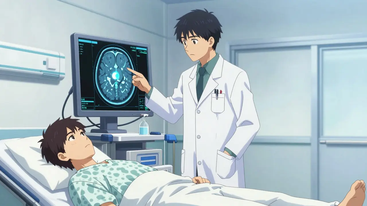Doctor showing brain CT scan to patient in hospital emergency room