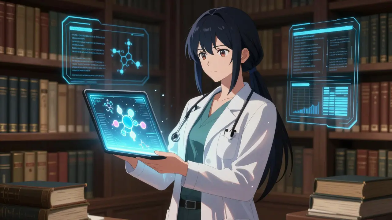 Elegant anime researcher reviewing medical data on a glowing tablet.