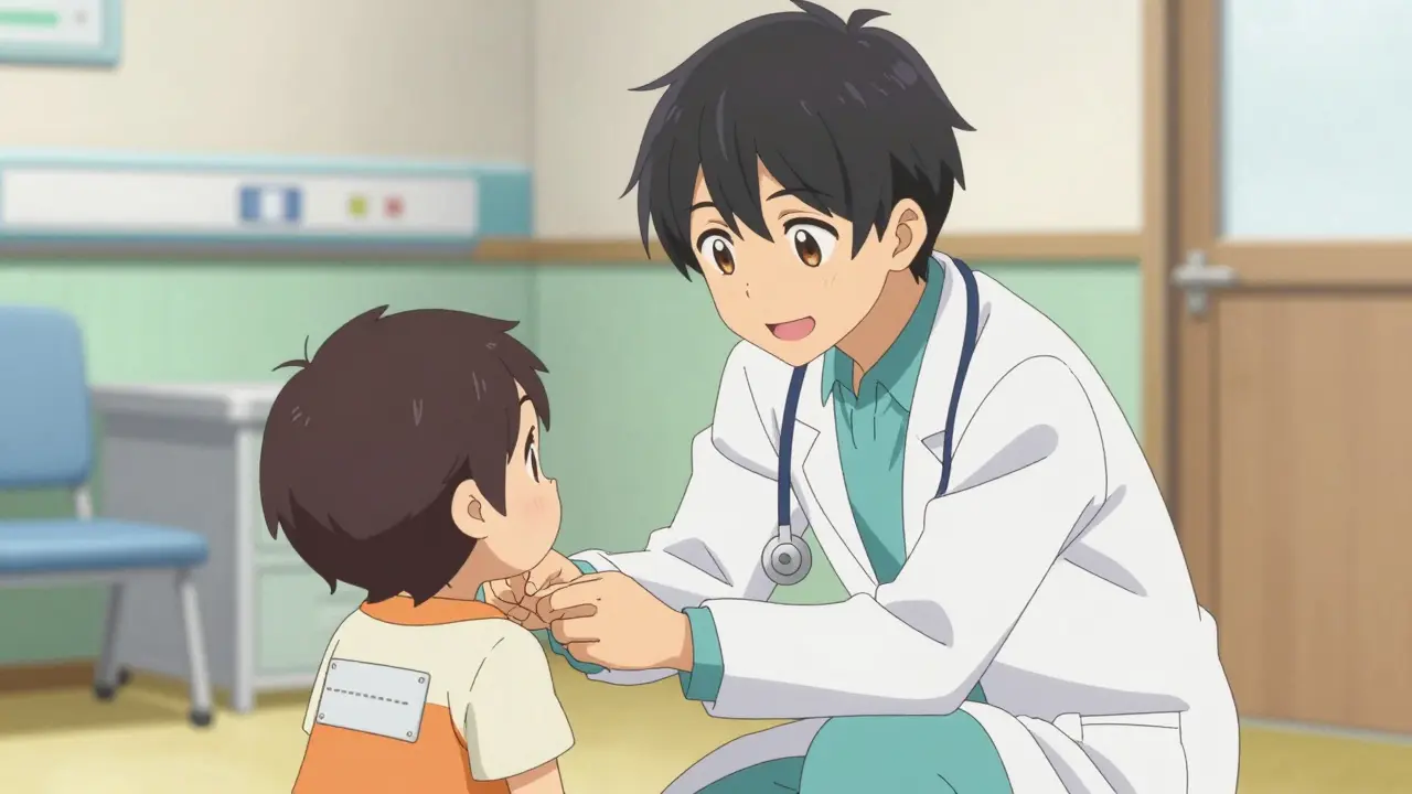 Kind anime pediatrician examining a young child in a hospital room.