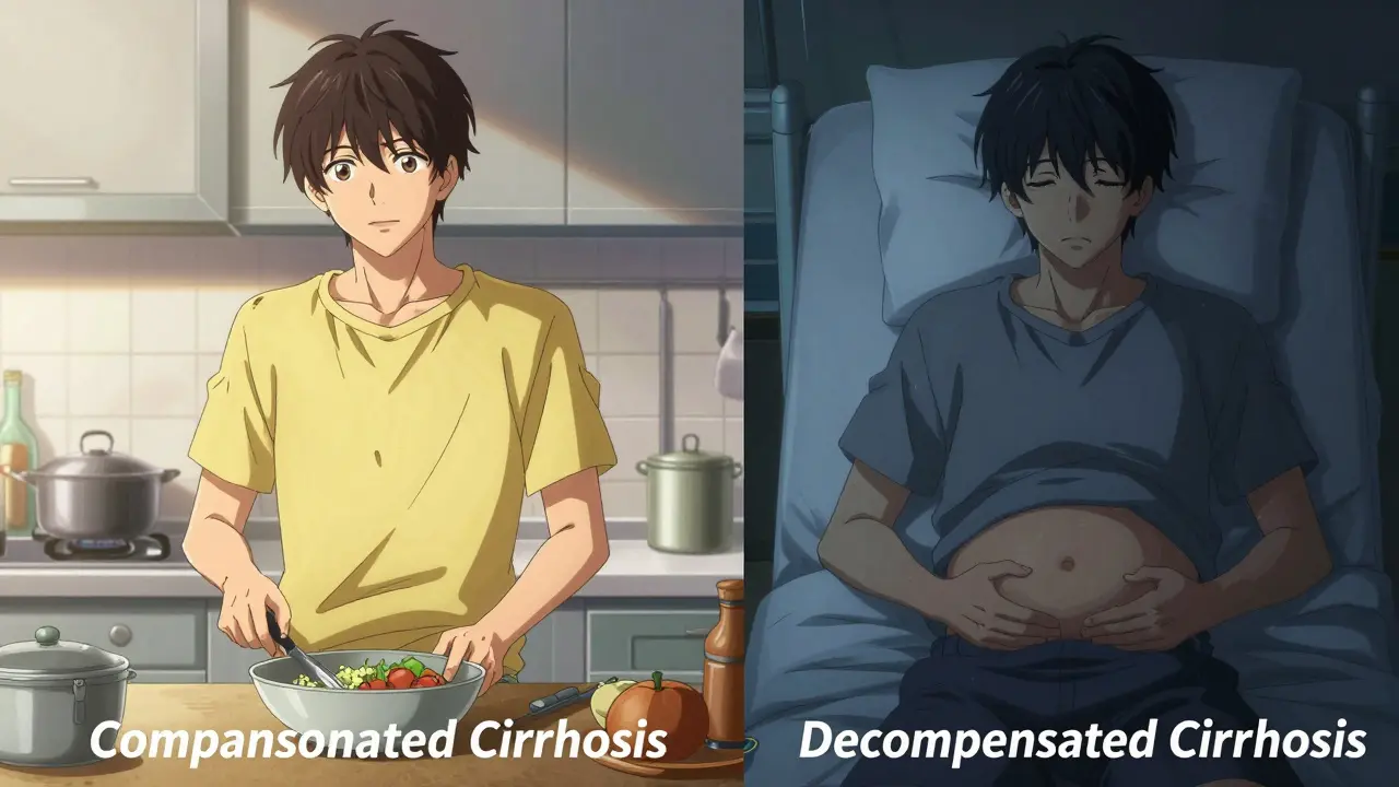 Split screen anime art showing healthy vs decompensated liver disease stages.