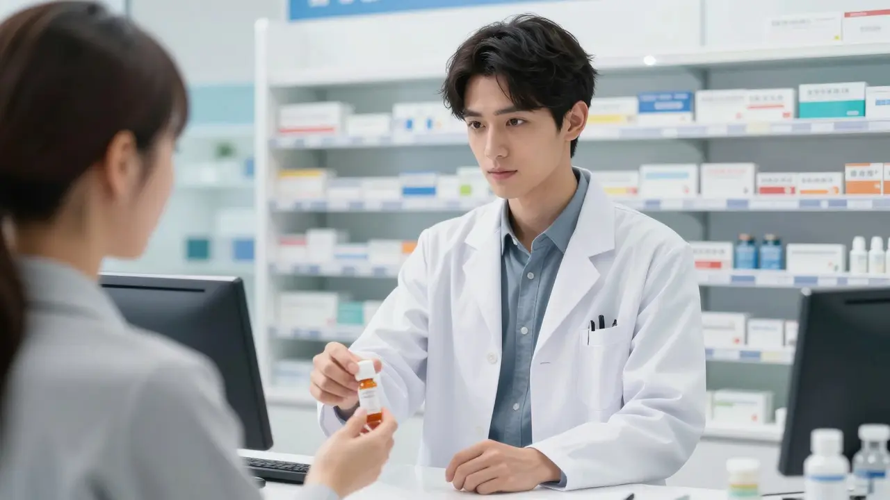 Stylish anime pharmacist handing prescription bottle in modern clinic