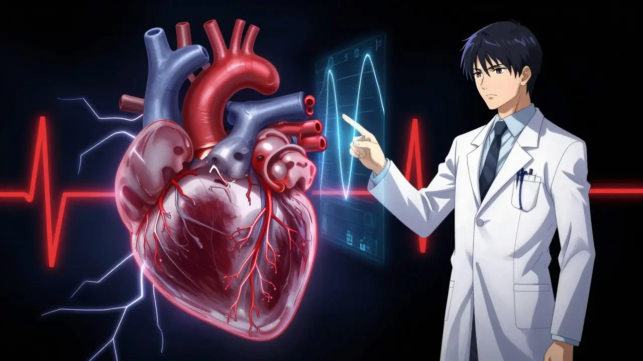 Stylized heart with electrical waves and doctor analyzing risk