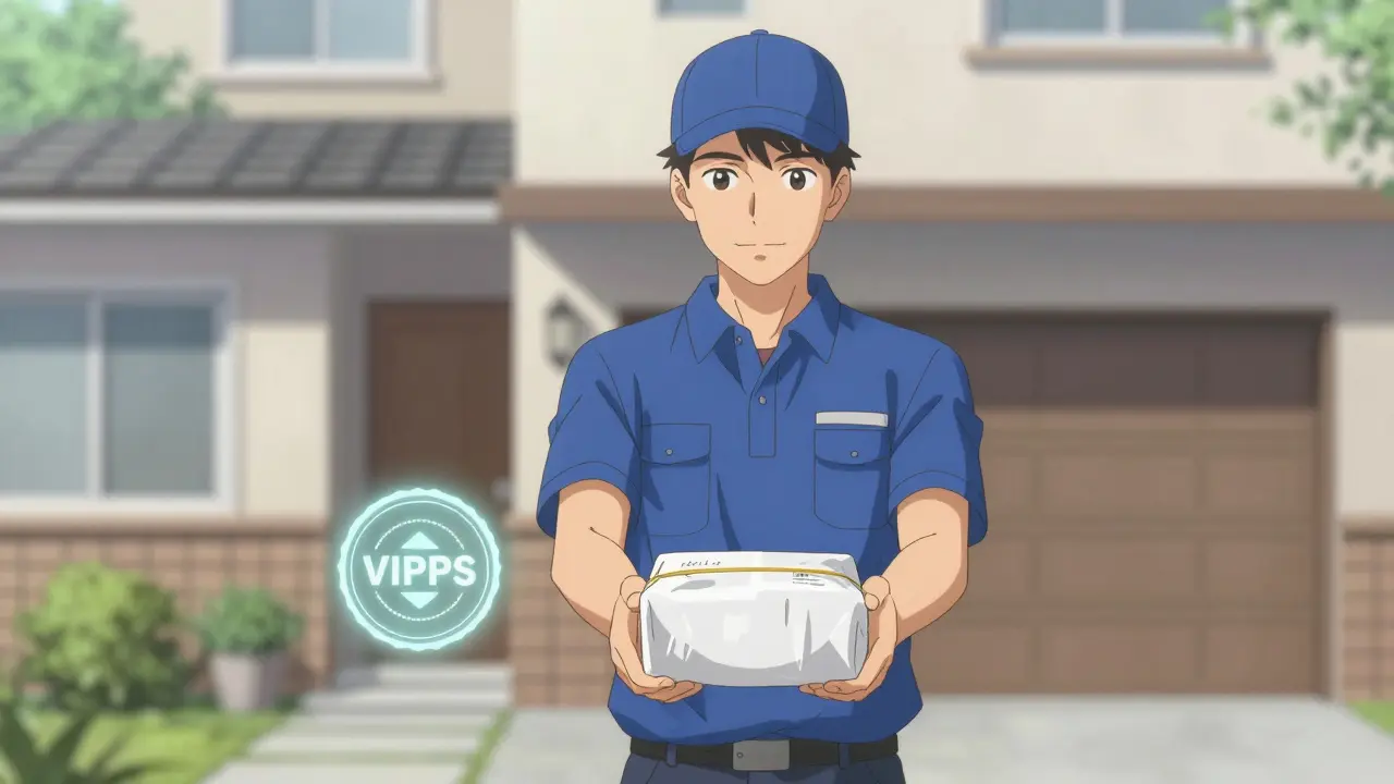 Trustworthy anime courier delivering verified medication safely