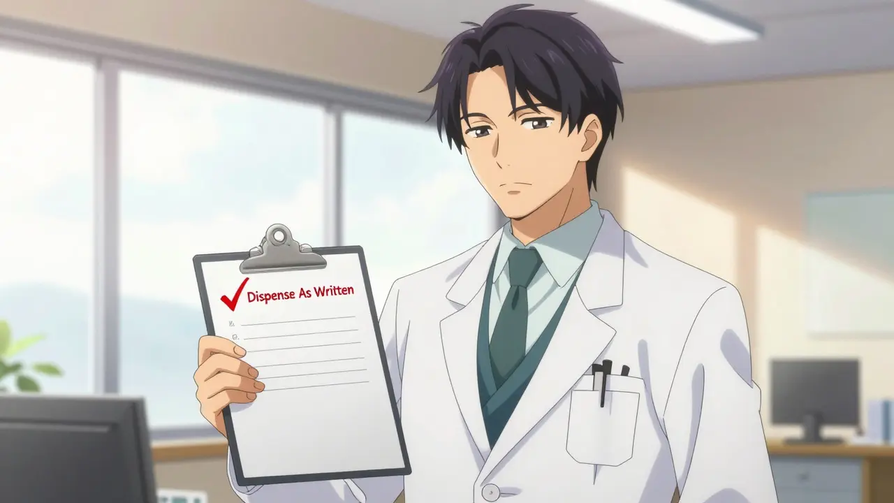 Anime doctor holding a prescription marked Dispense As Written in a bright office.