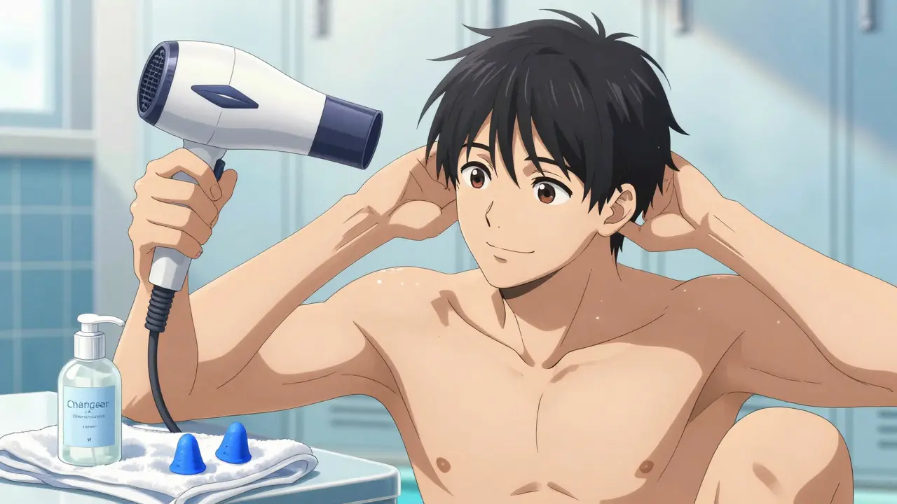 Anime man drying ears with hairdryer and prevention tools