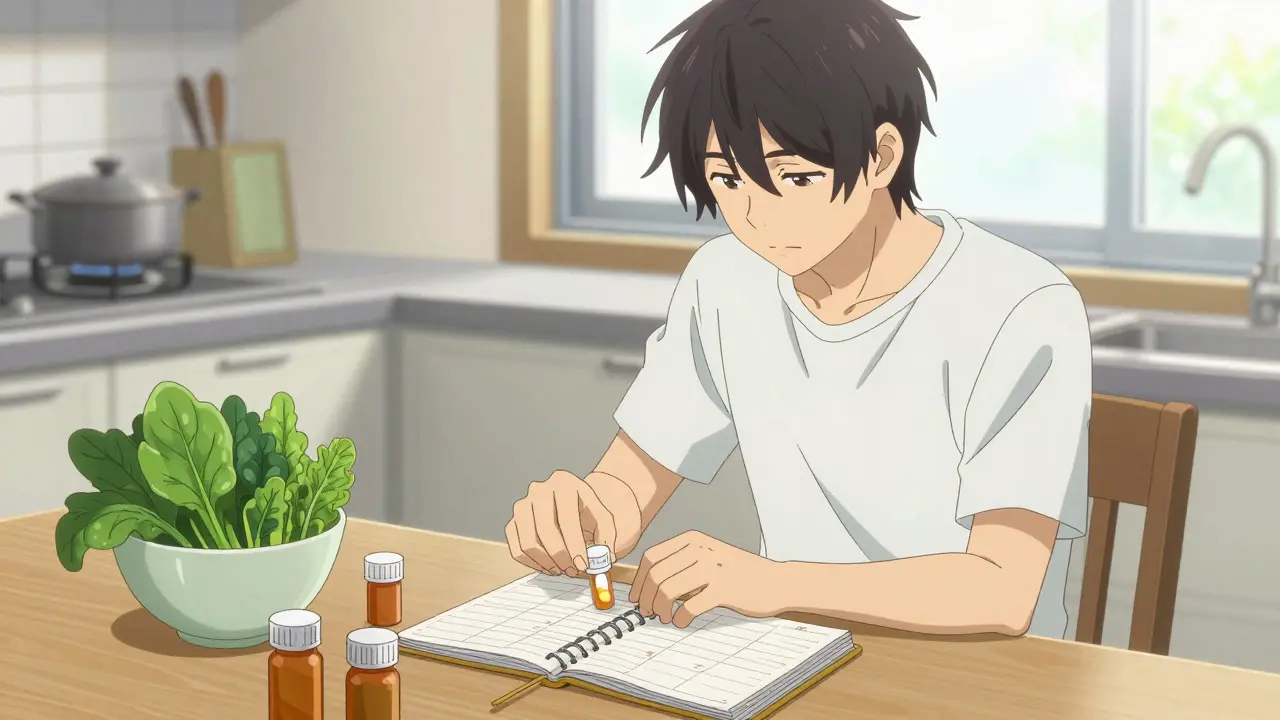 Anime man organizing pill bottles next to healthy greens at a table