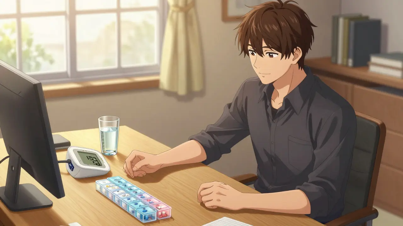 Anime man organizing pills and checking blood pressure monitor