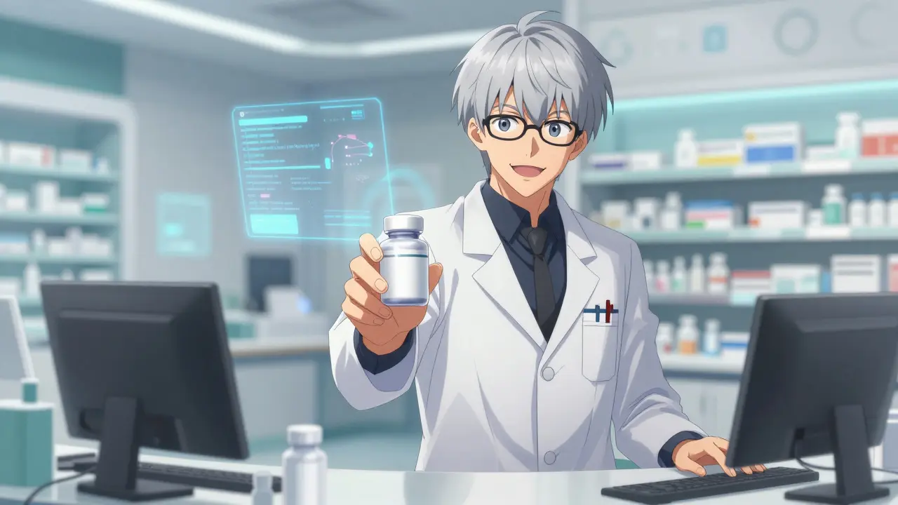 Anime pharmacist handing prescription medicine to customer
