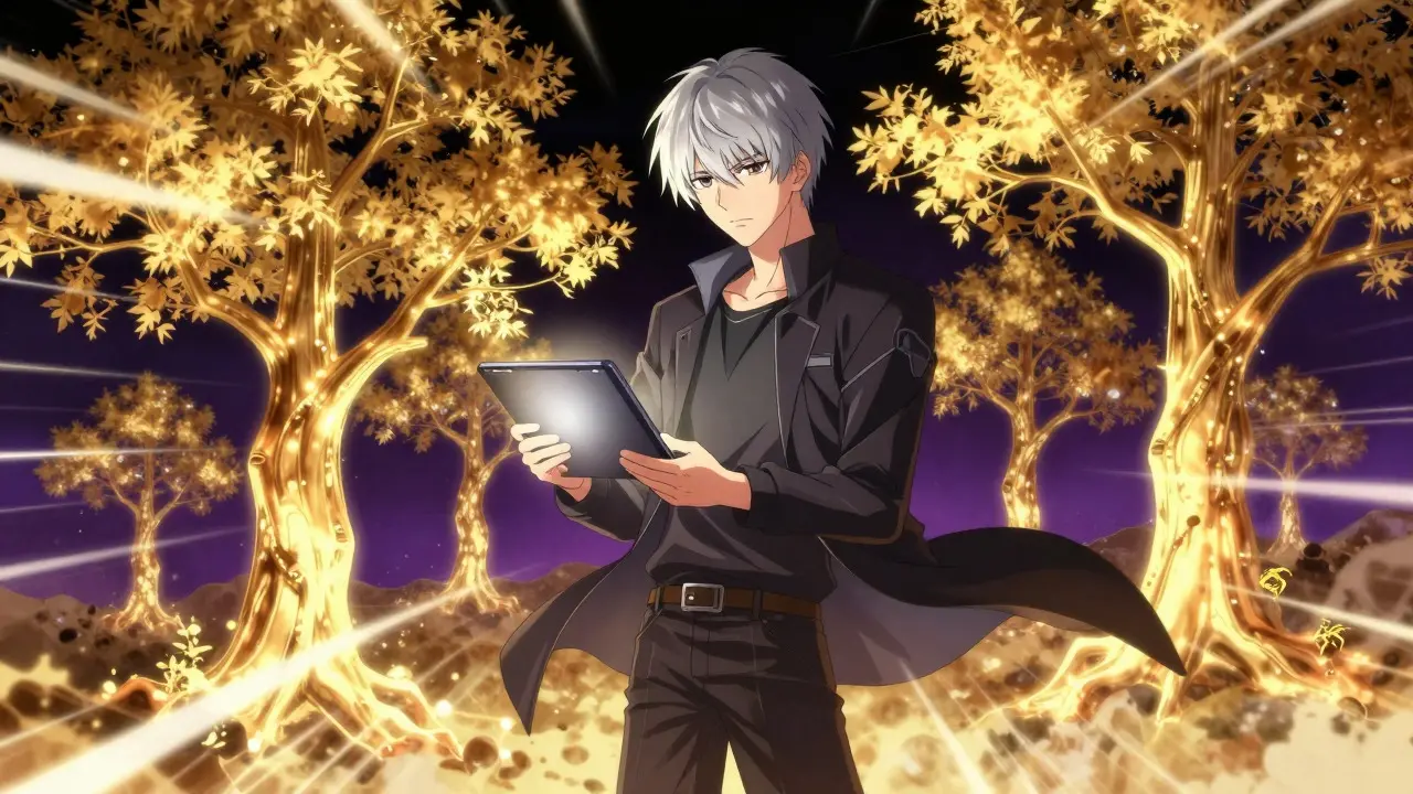 Bishounen character surrounded by glowing algorithmic trees