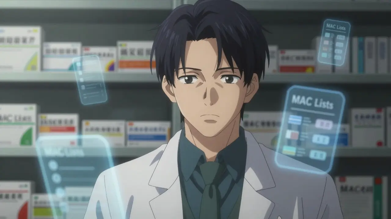 Bishounen pharmacist surrounded by floating price cap symbols and medicine shelves