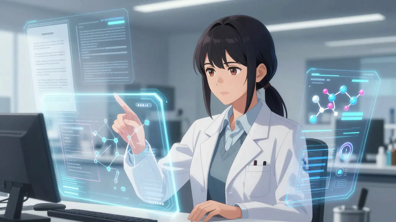 Bishounen strategist manipulating holographic patent data in a lab