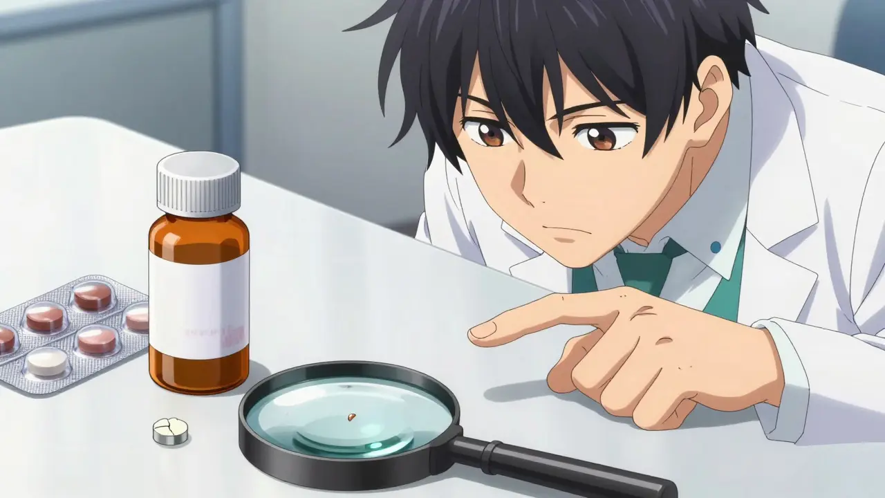 Close up of defective medicine packaging inspected by a professional