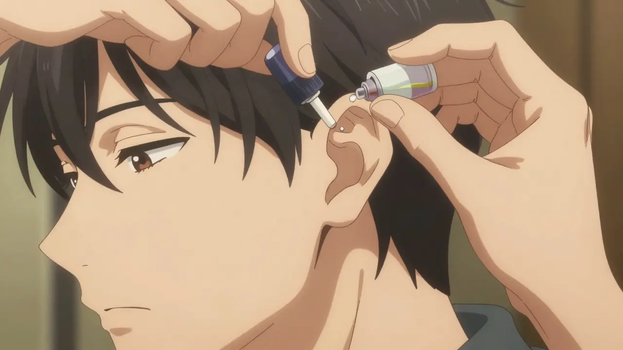 Close-up of hands applying ear drops correctly in anime style