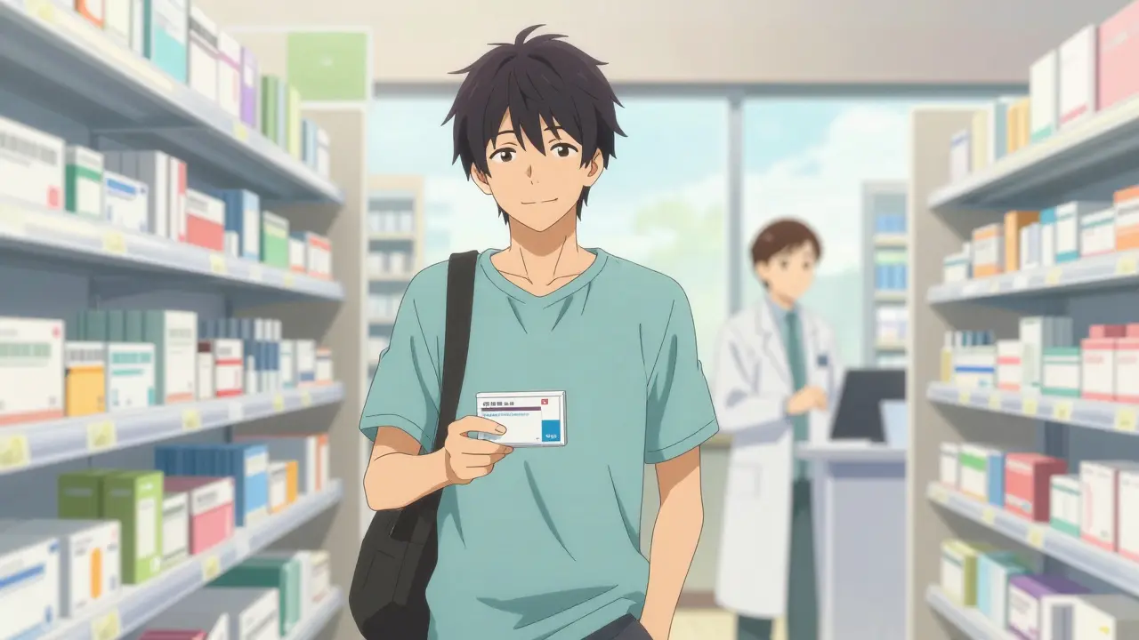 Confident anime man holding medication box in a bright, safe pharmacy setting