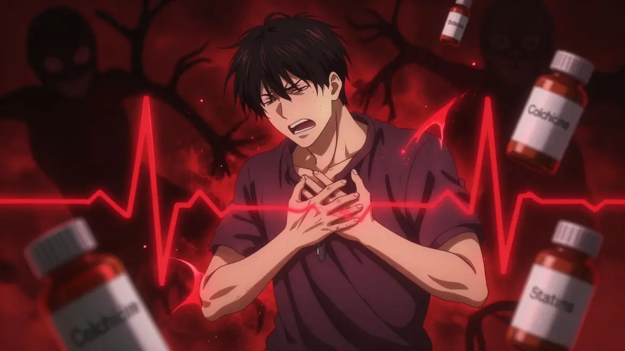 Dramatic anime scene of man clutching chest amidst red danger symbols