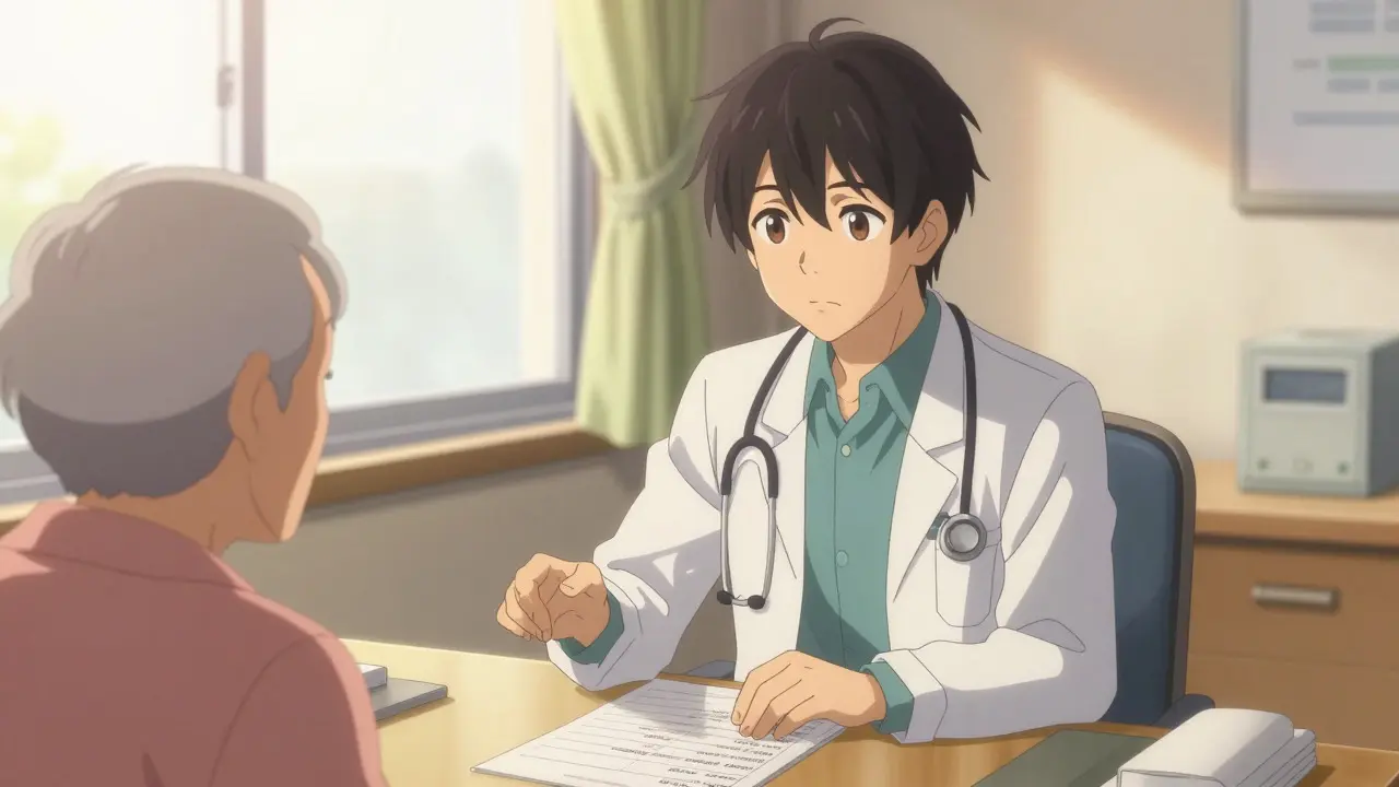 Kind anime doctor consulting with elderly patient about medication safety