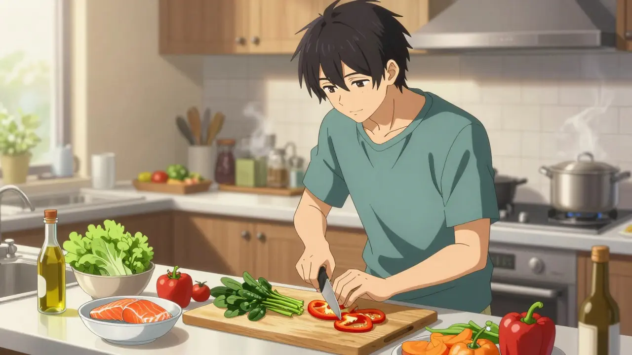 Man preparing healthy vegetables and salmon in a bright kitchen