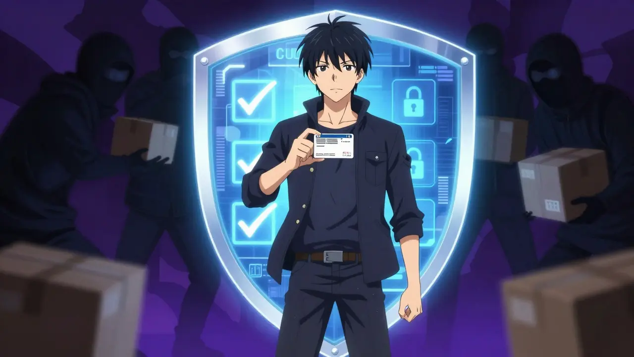Man protected by a digital shield against shadowy online scammers