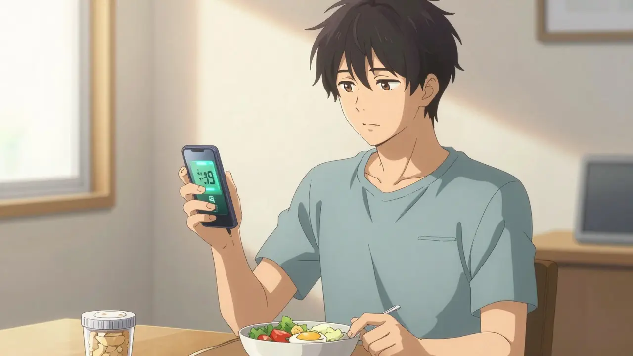 Man safely managing diabetes with a glucose monitor and balanced meal