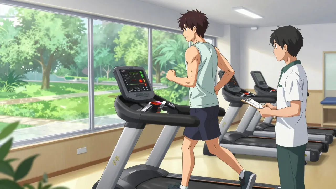 Man walking on treadmill during supervised cardiac rehab session