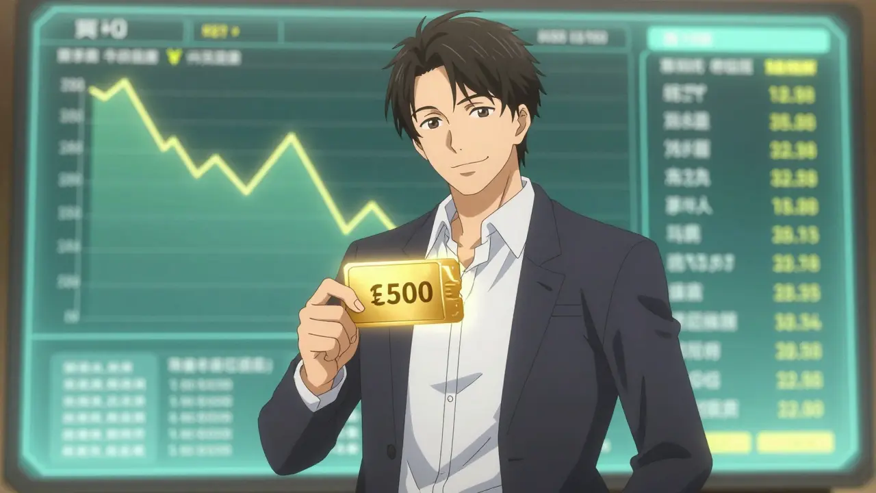 Stylish anime man smiling while holding a glowing discount coupon near price charts