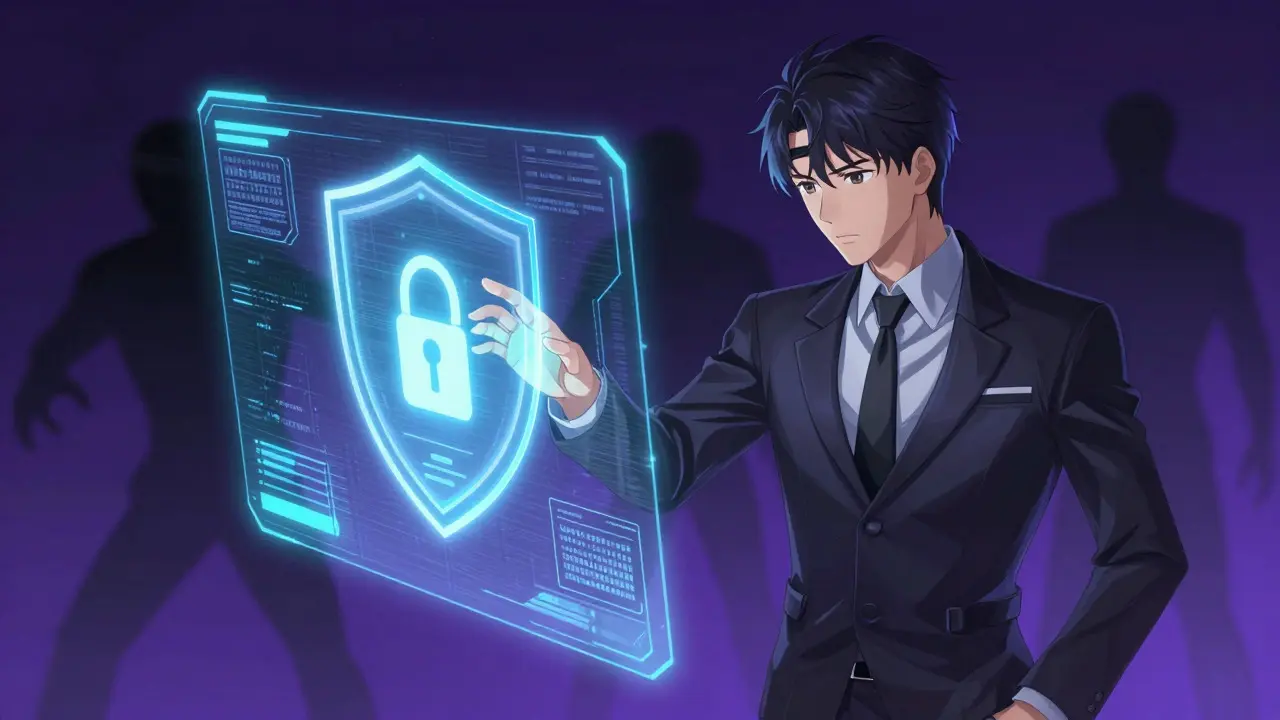 Stylized anime character interacting with safe digital pharmacy interface