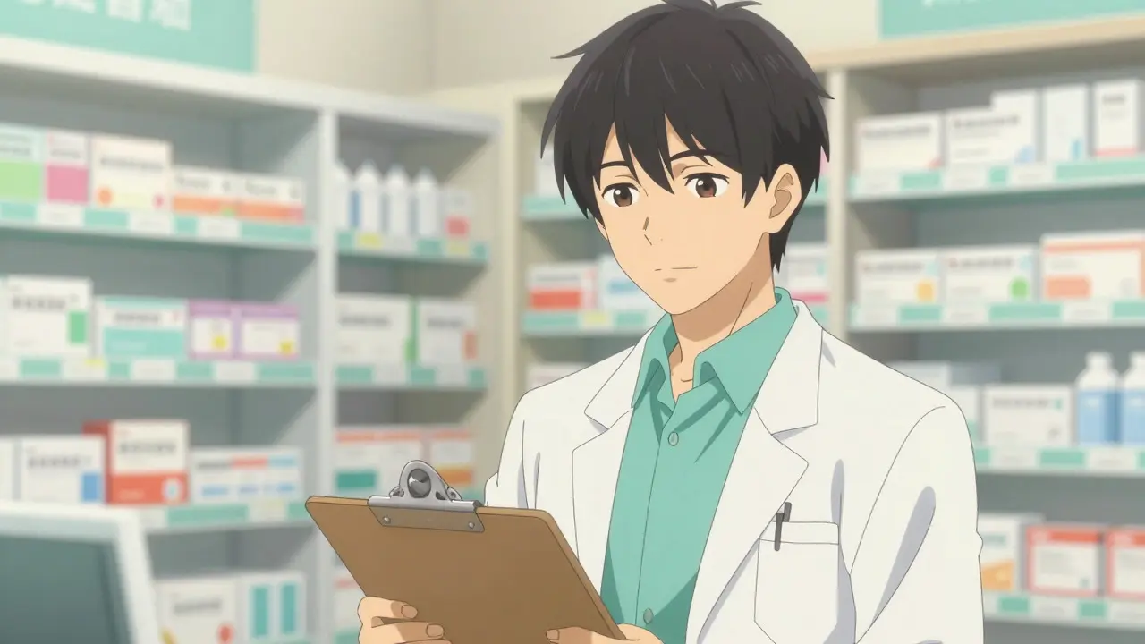 Trustworthy anime pharmacist holding clipboard in bright, clean pharmacy