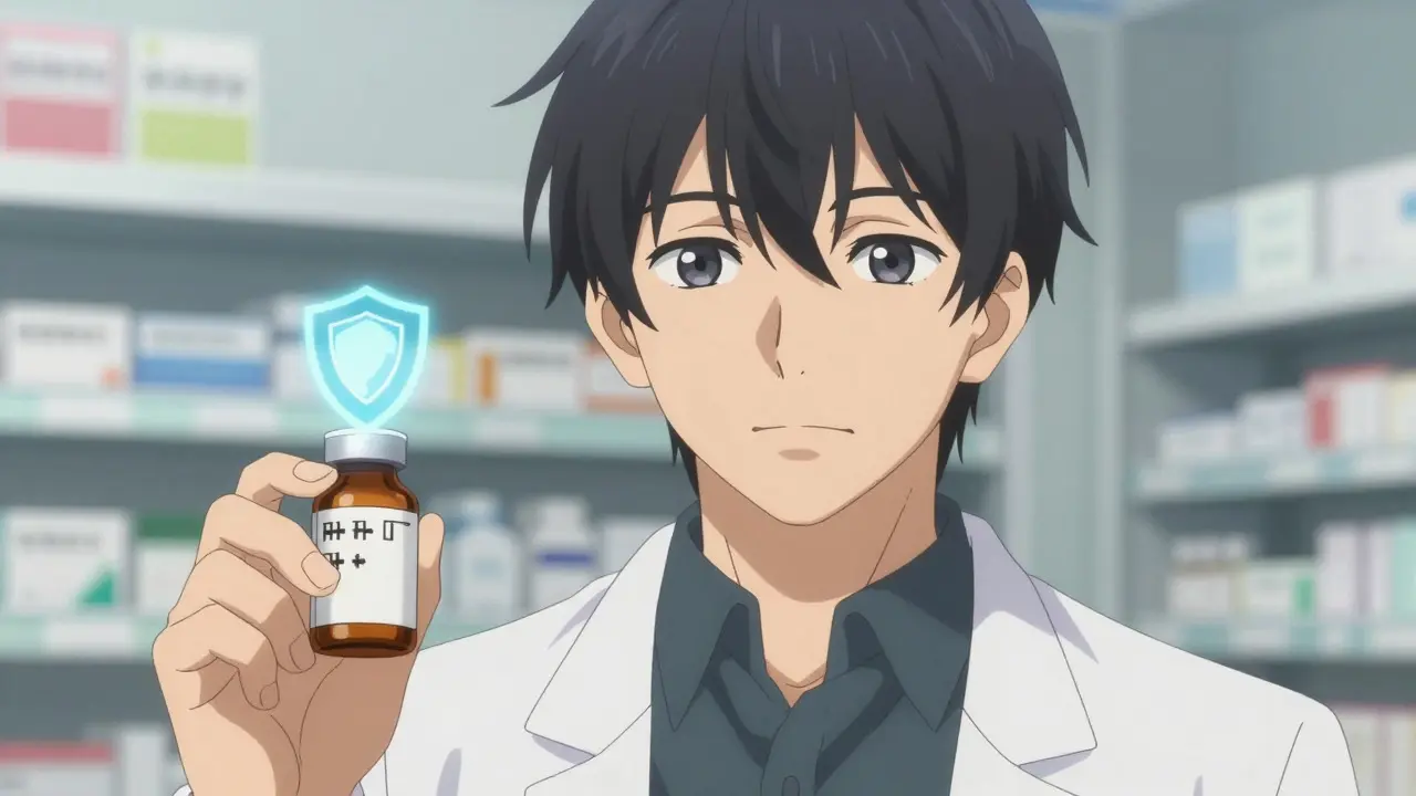 Trustworthy anime pharmacist holding pills with a safety shield icon