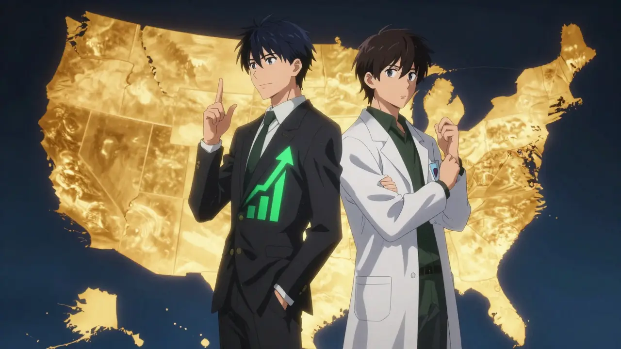 Two anime characters representing cost savings and safety against a US state map.