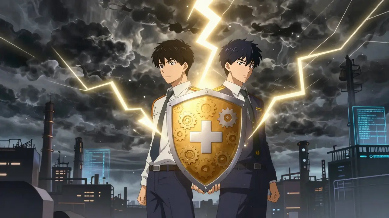 Two anime men holding a glowing shield against a storm representing drug shortages
