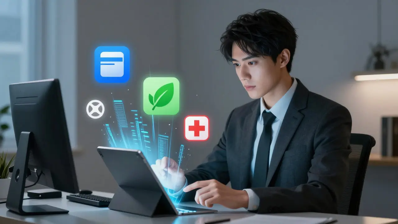 Anime illustration of a man comparing pharmacy prices on a tablet
