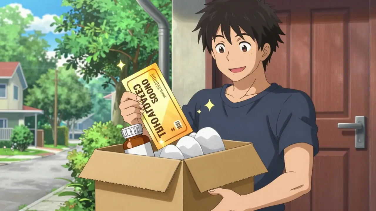 Bishounen anime of a man receiving a medication delivery package