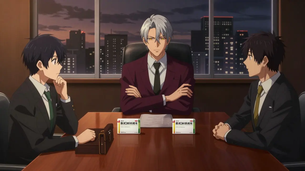 Bishounen anime style executive in a boardroom facing a rival generic drug rep