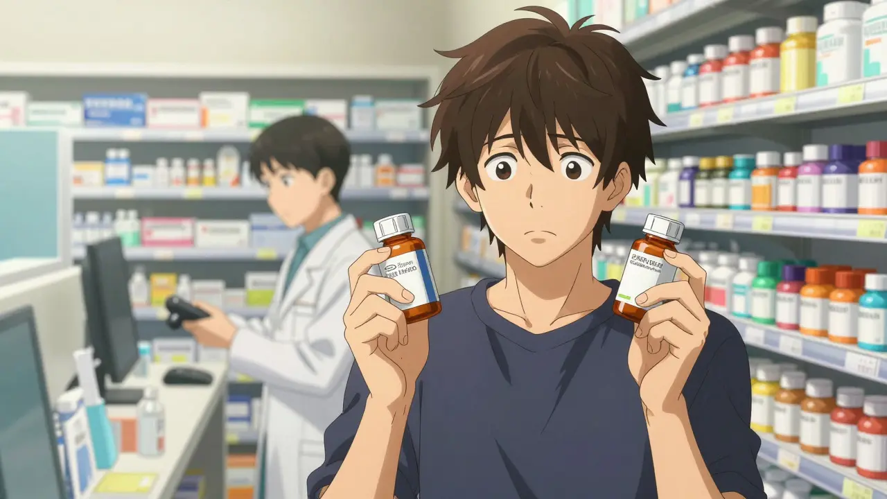 Bishounen anime style patient in a pharmacy comparing two similar medicine bottles