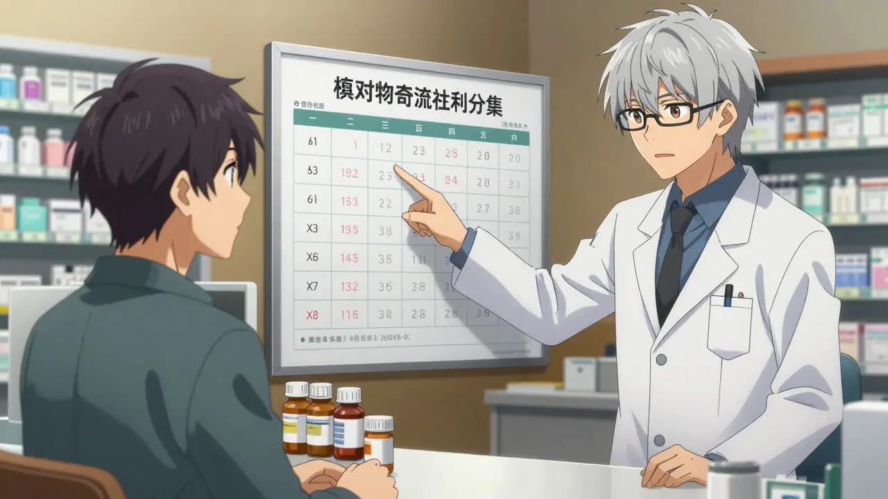 Bishounen pharmacist explaining medication sync to a patient at a counter