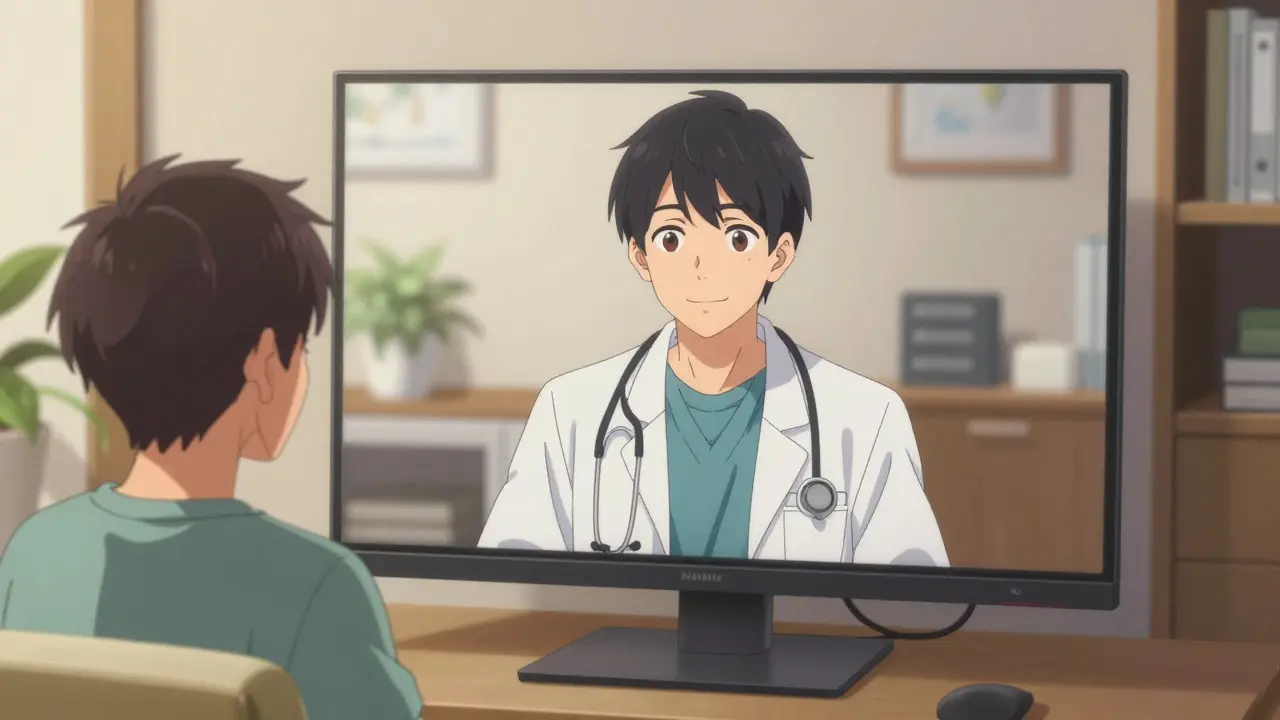 Bishounen style doctor consulting with a patient via video call.