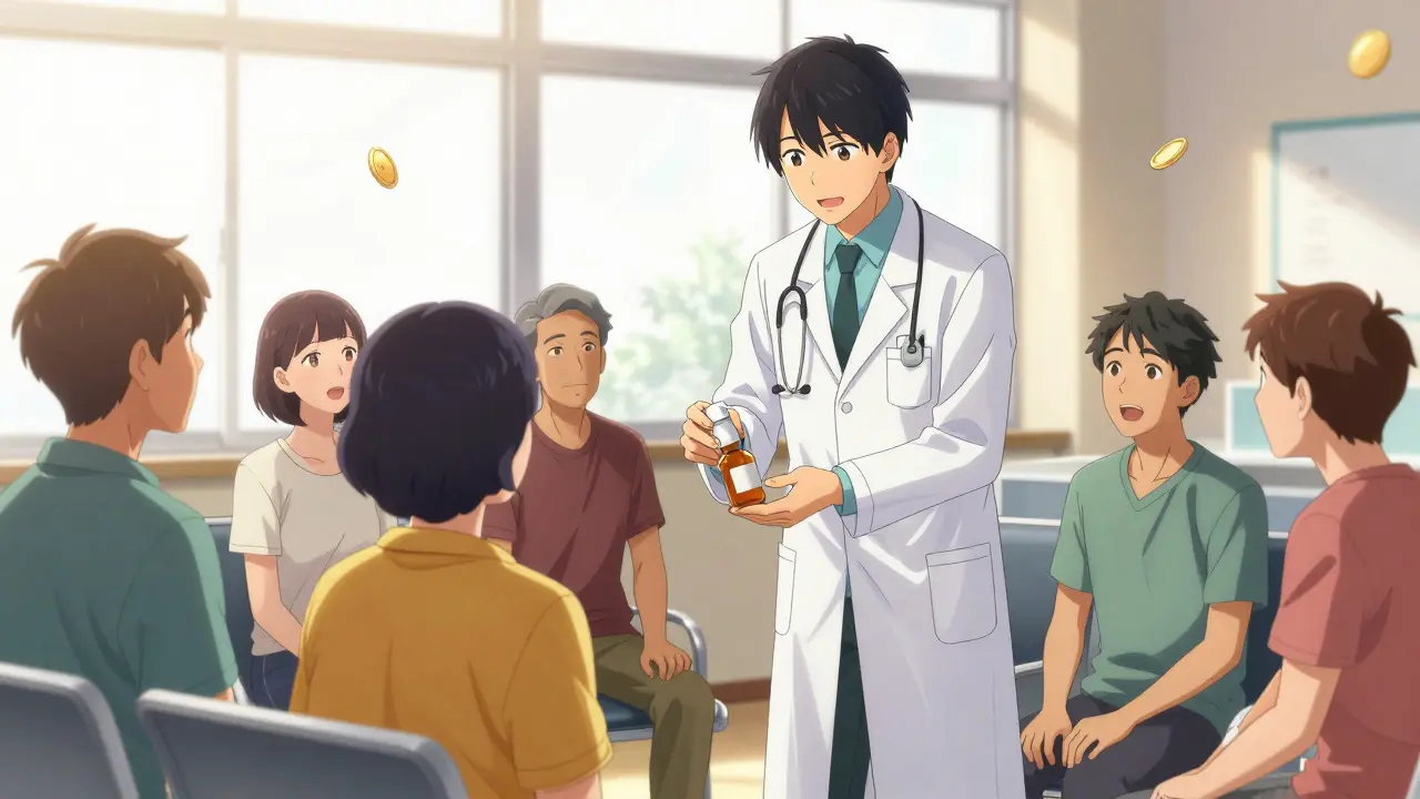 Compassionate anime doctor handing affordable generic medicine to grateful patients.