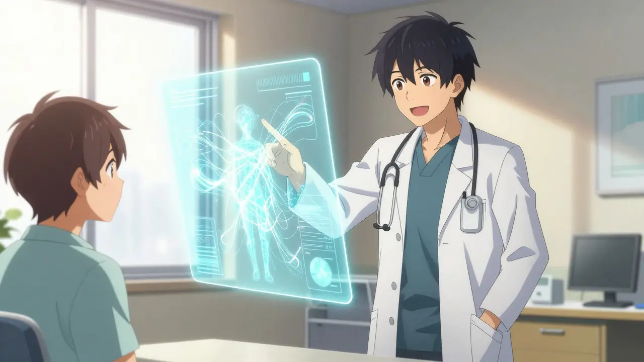 Doctor and patient reviewing holographic health data together