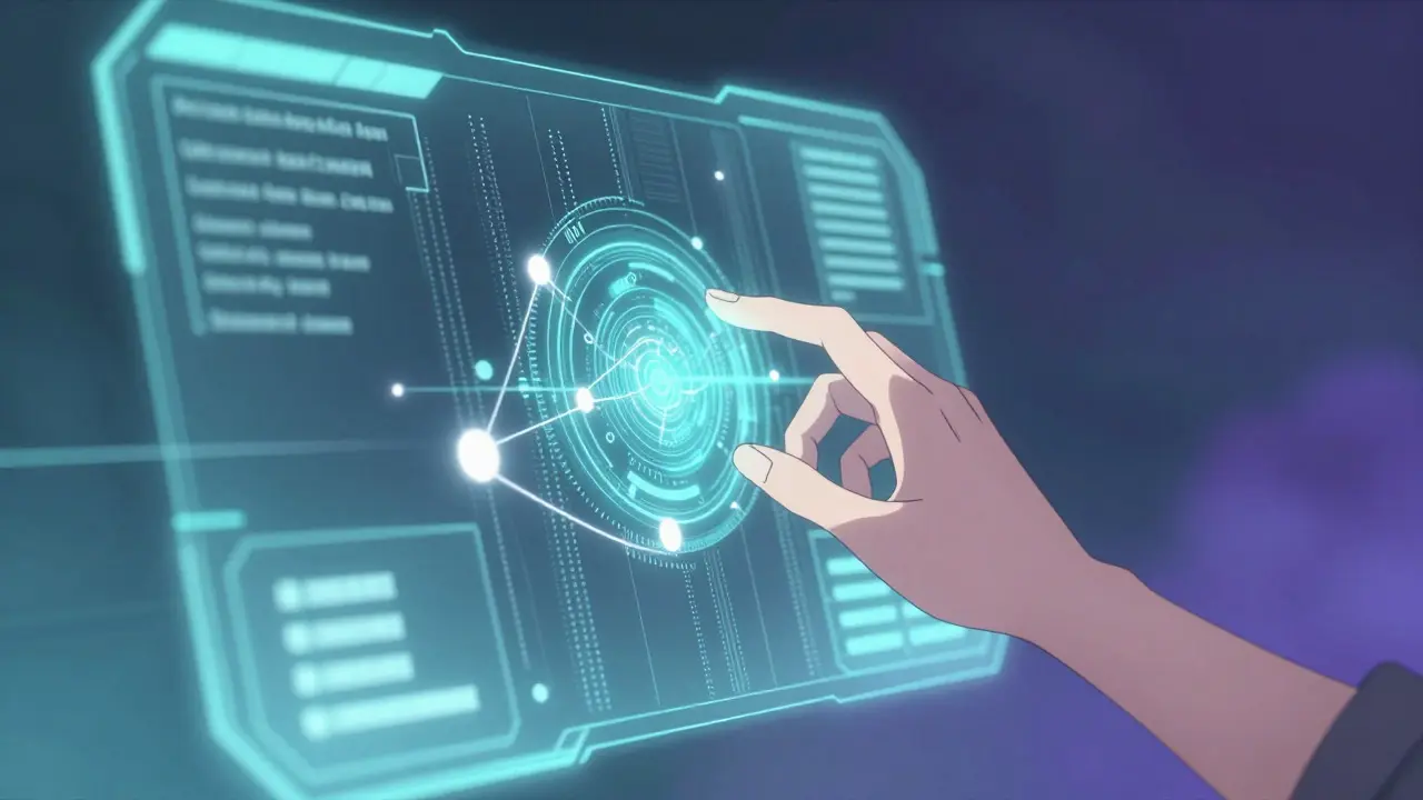 Hand interacting with glowing abstract data visualization